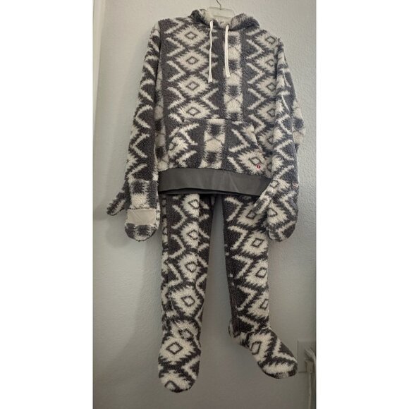 Feejays Hooded Pullover Pants Set Mens Medium Gray‎ White Fleece Mittens Footed - Picture 1 of 16